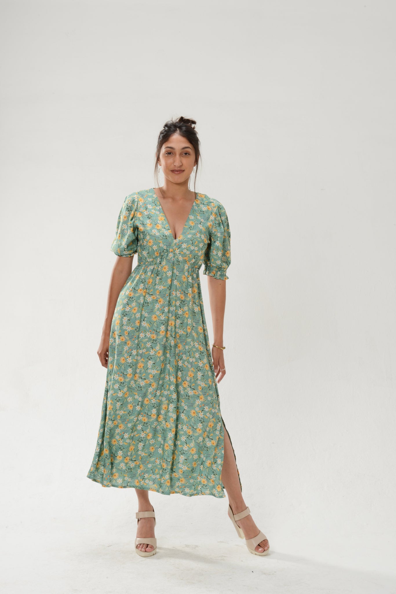 Midi Tea Dress (Green Floral Print ...